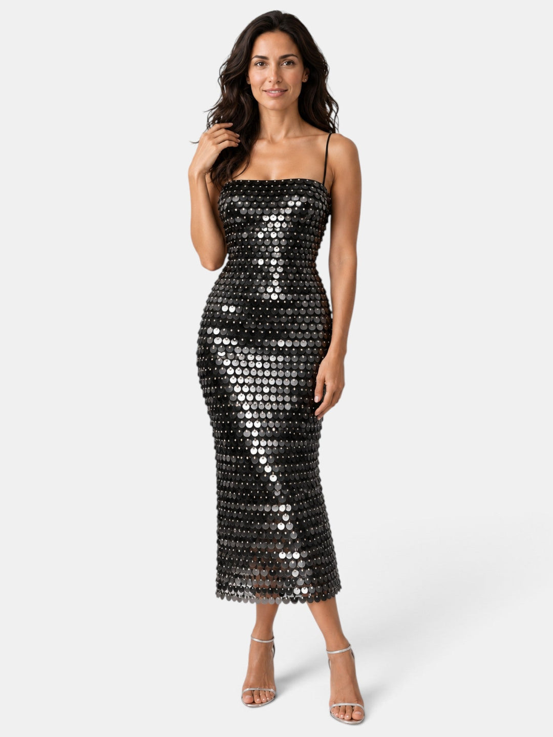 Vestido de cóctel midi para mujer, con lentejuelas que deslumbran, ideal para fiestas y eventos elegantes.