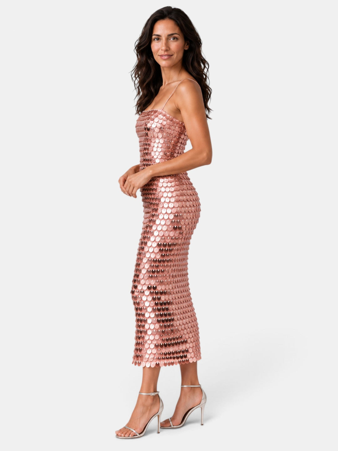 Vestido midi de lentejuelas, realza la figura en fiestas y eventos de celebración para mujer.