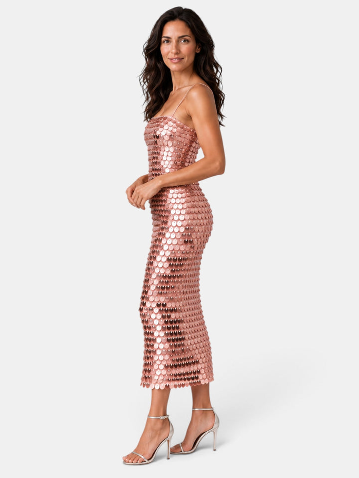 Vestido midi de lentejuelas, realza la figura en fiestas y eventos de celebración para mujer.