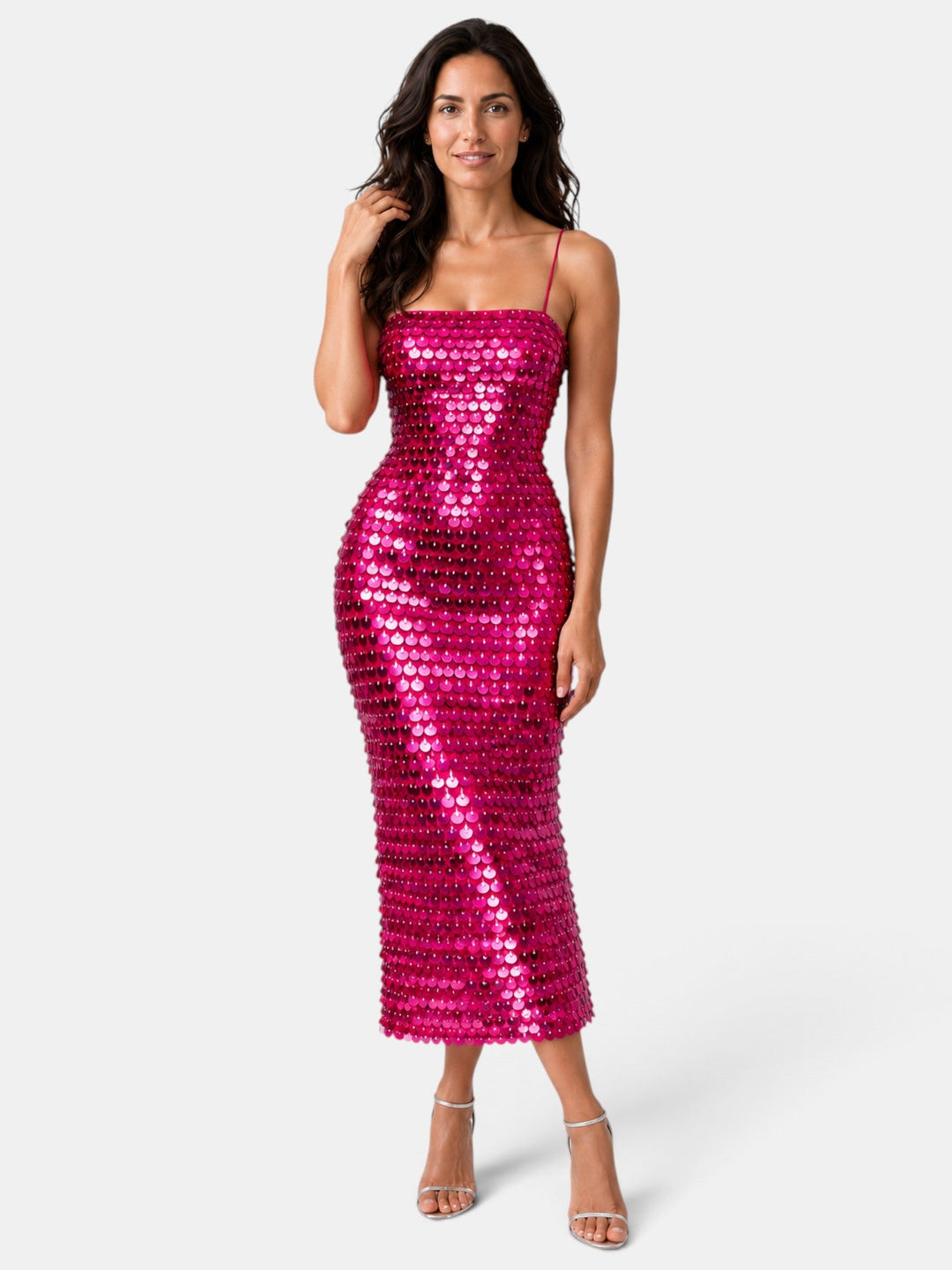 Diseño glamuroso para mujer: vestido midi de lentejuelas, ideal para cóctel y ocasiones especiales.