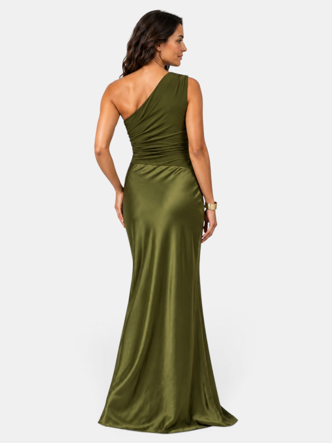Vestido largo y elegante de mujer, fruncido, con escote de un hombro. Para fiestas y galas.