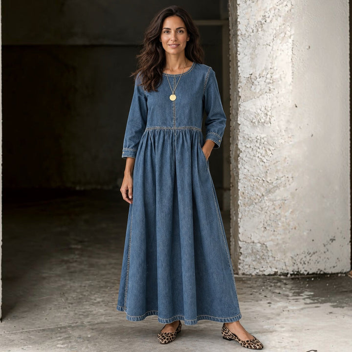 Vestido vaquero largo mujer con manga larga, estilo casual y elegante. Ideal para comodidad diaria y moda urbana.