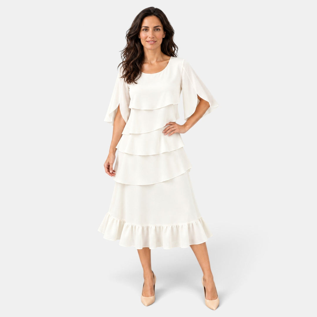 Elegante vestido midi para mujer, con volantes y mangas abiertas, perfecto para invitadas de boda y eventos de gala.