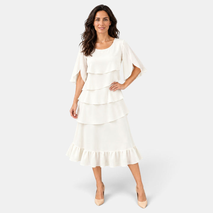 Elegante vestido midi para mujer, con volantes y mangas abiertas, perfecto para invitadas de boda y eventos de gala.