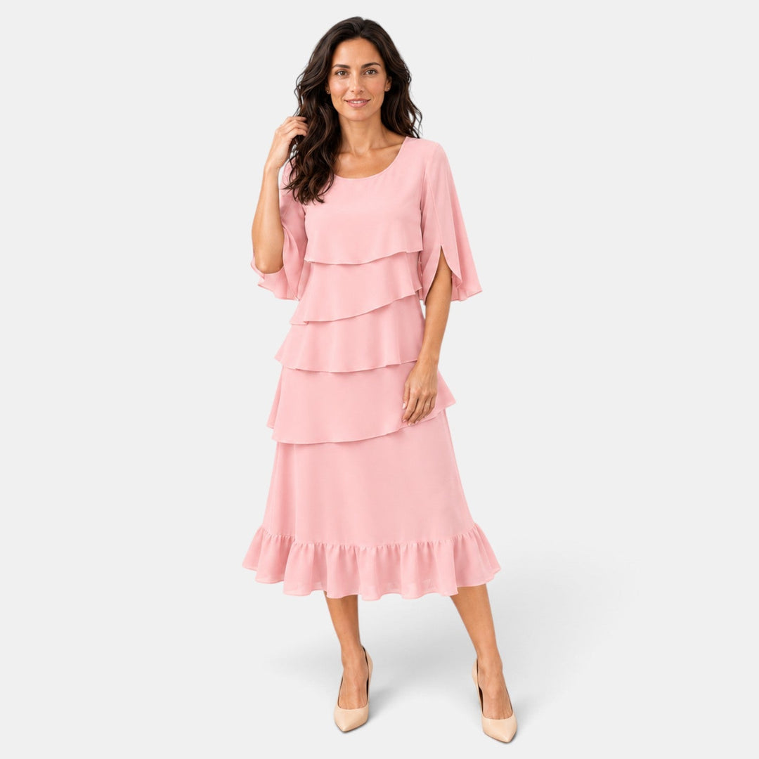 Vestido midi versátil para mujer, con volantes y mangas abiertas, ideal para bodas, graduaciones y fiestas nocturnas.
