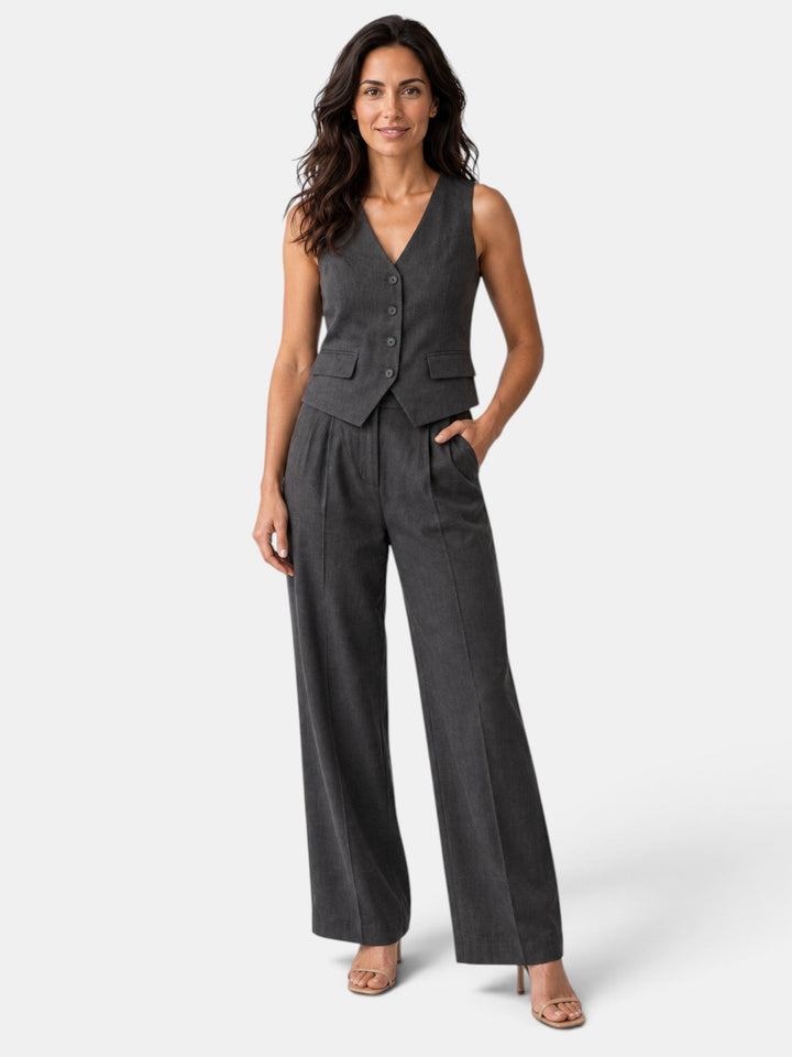 Conjunto mujer elegante chaleco y pantalón ancho. Ideal para oficina o un look casual chic.