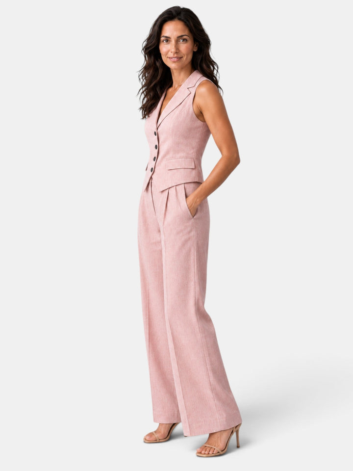 Chaleco y pantalón ancho, conjunto elegante de dos piezas para mujer. Tendencia de moda femenina.