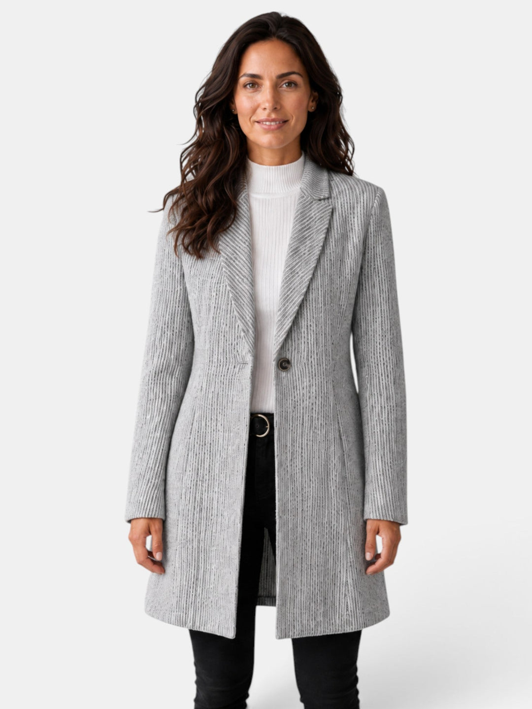 Abrigo largo jacquard gris para mujer, estilo sofisticado. Ideal para moda femenina otoño invierno.