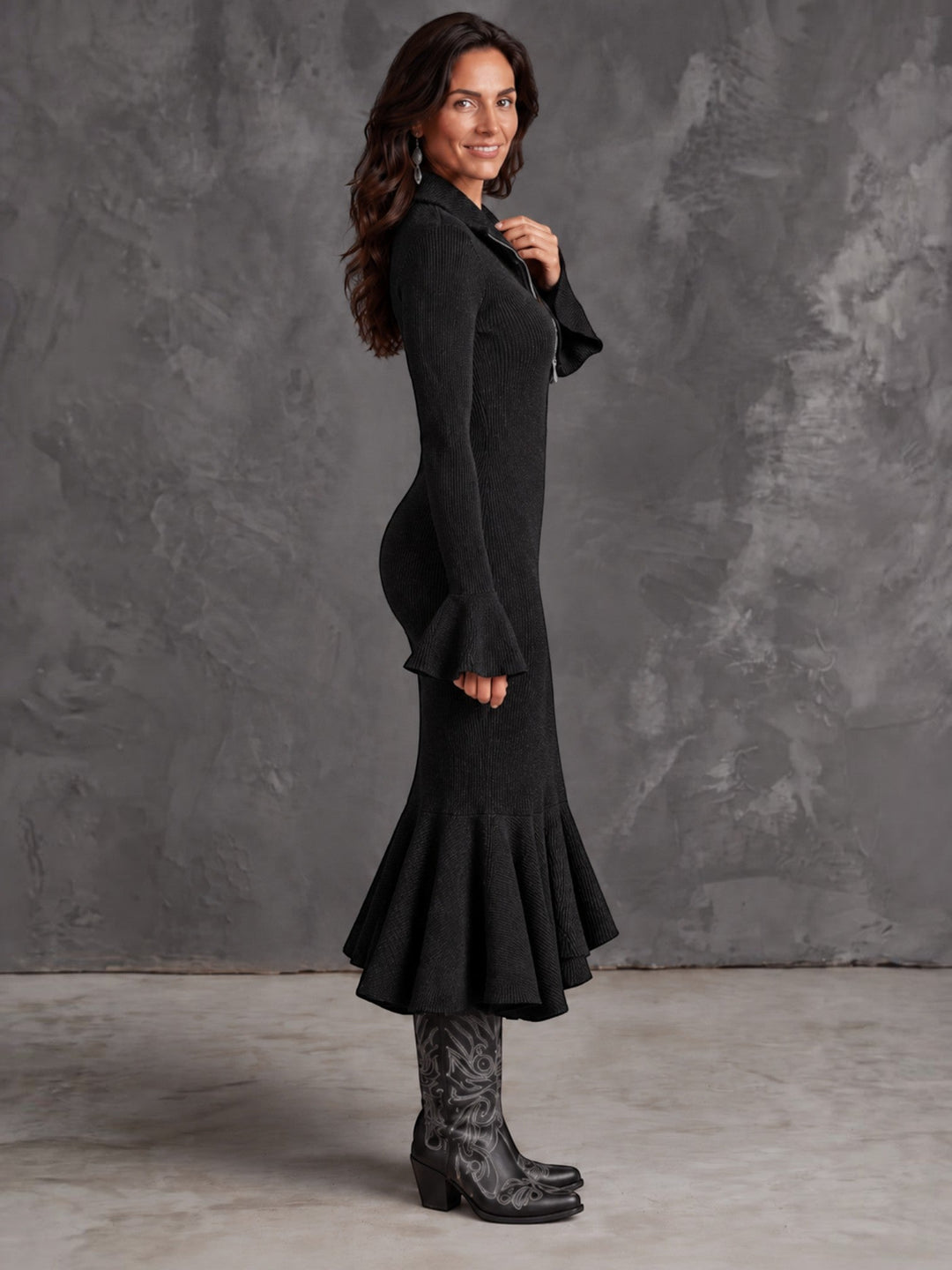 Vestido midi casual chic para mujer con cremallera, moda femenina versátil para el día a día.