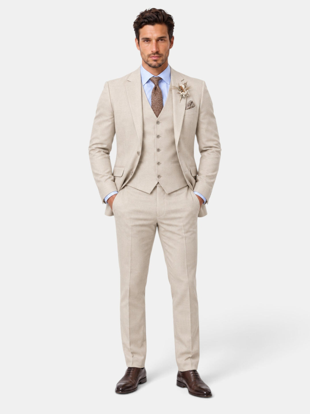 Traje de hombre 3 piezas elegante para bodas y eventos formales. Estilo clásico de moda masculina.