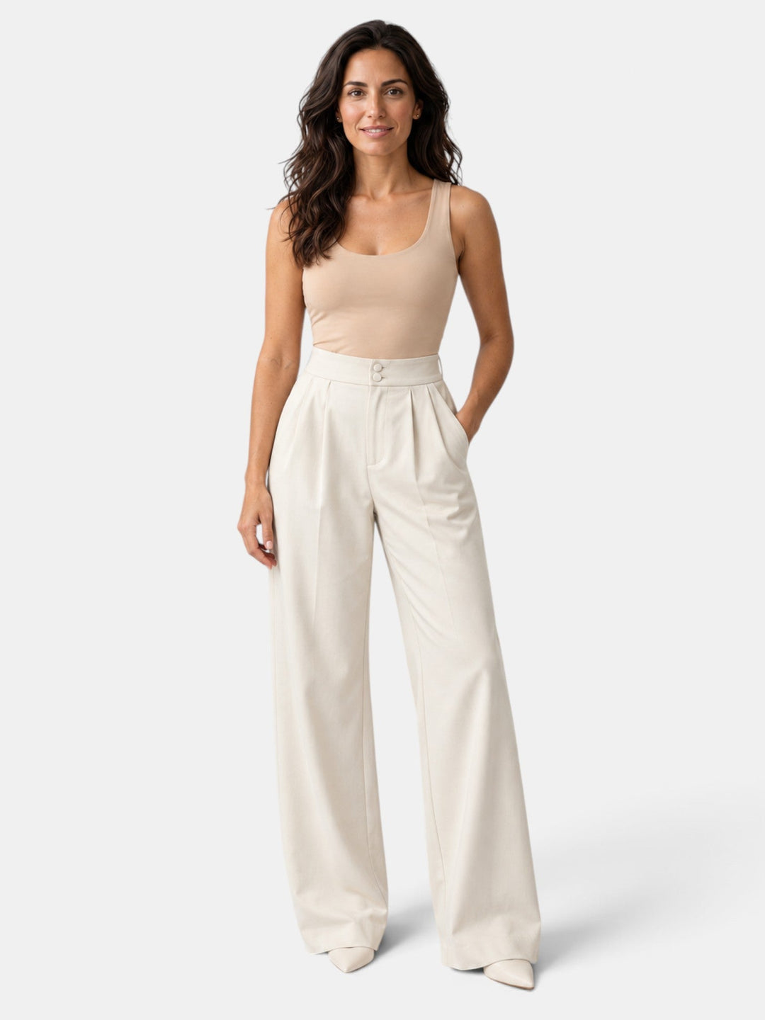 Pantalón de mujer pierna ancha elegante, tela elástica, ideal para oficina o casual. Cómodo y moderno.