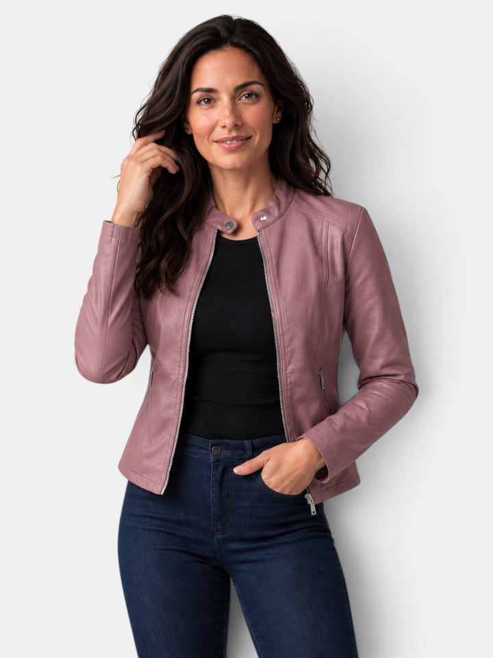 Chaqueta urbana entallada de mujer, cuello mao, cremallera, perfecta para el estilo casual moderno.