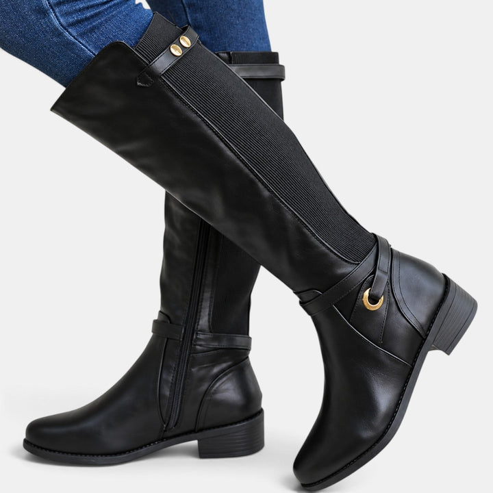 Moda invernal: botas altas de cuero para mujer, ortopédicas y ajustables. Paneles elásticos para máximo confort. Calzado femenino.