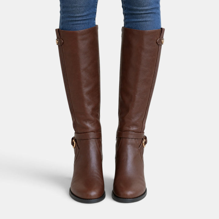 Botas cómodas de cuero para mujer, estilo ortopédico. Diseño alto con tacón bloque y paneles elásticos para un ajuste perfecto.