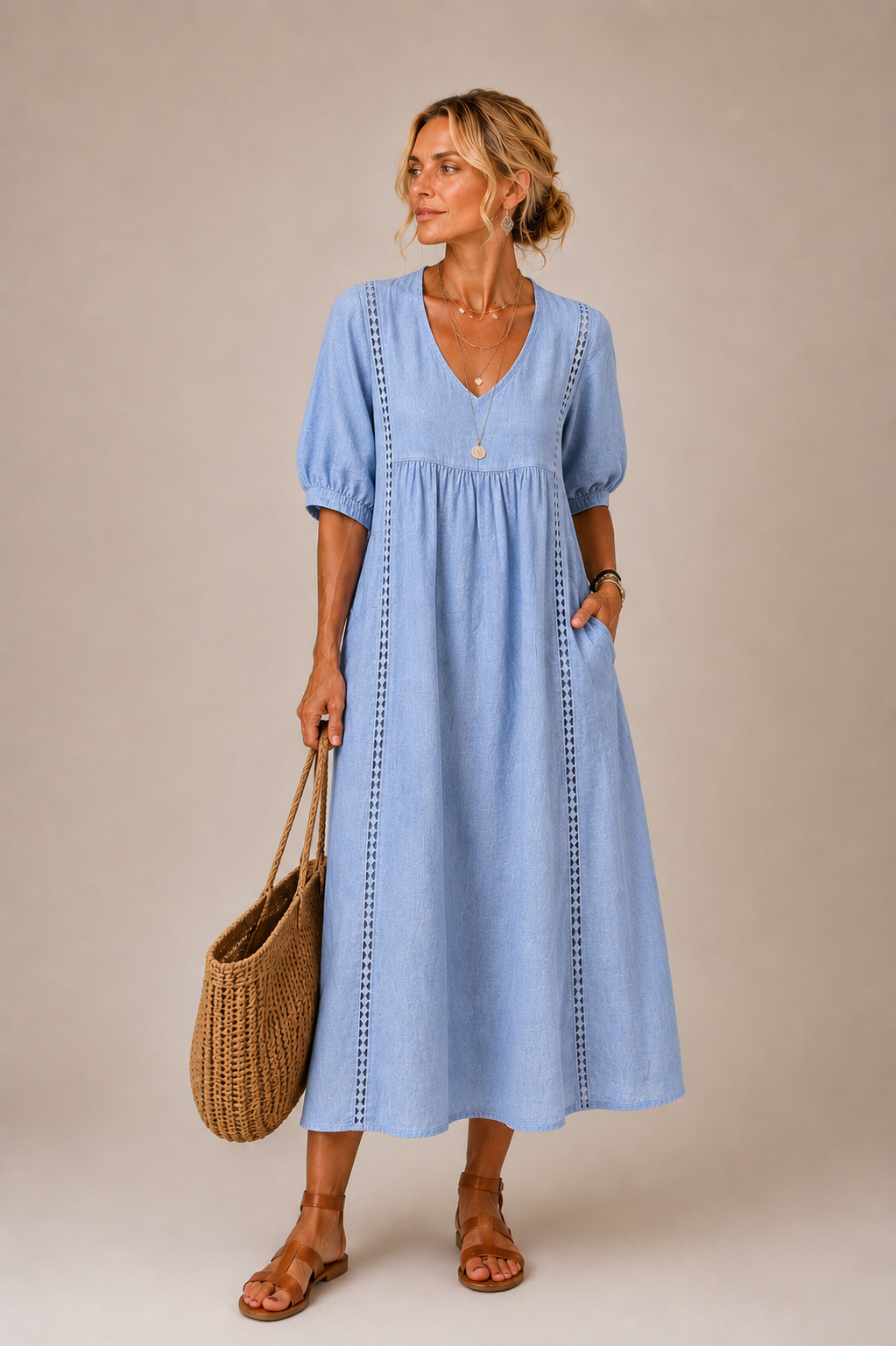 Vestido midi de lino y algodón transpirable con encaje para mujer, ideal para verano.