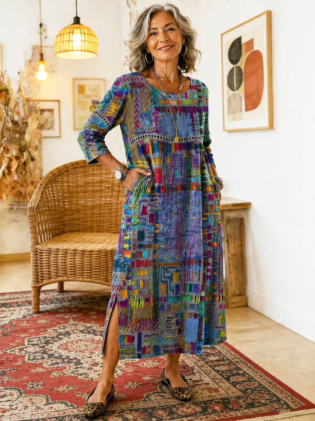 Vestido denim de mujer con patchwork étnico, cómodo y casual para el verano.