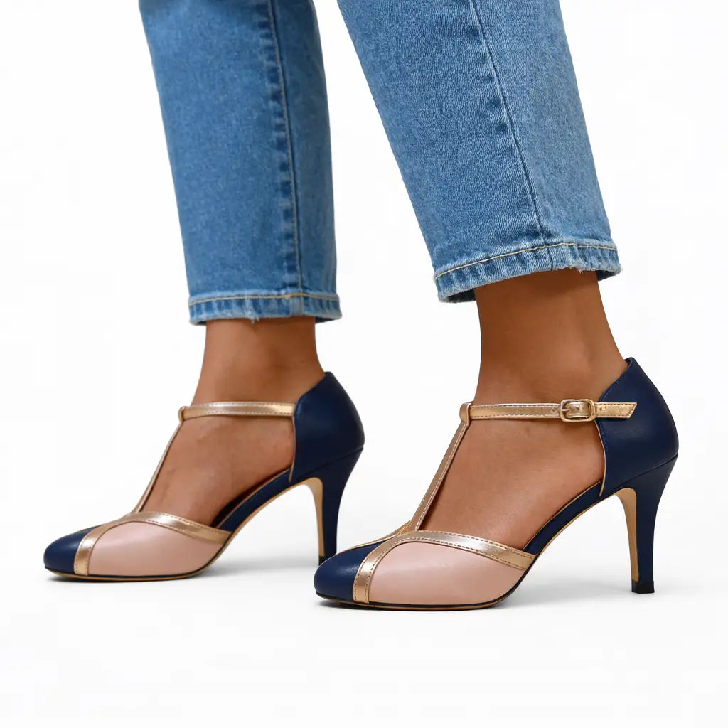 Tacones de piel negros para mujer, cómodos y versátiles. Perfectos para fiesta.