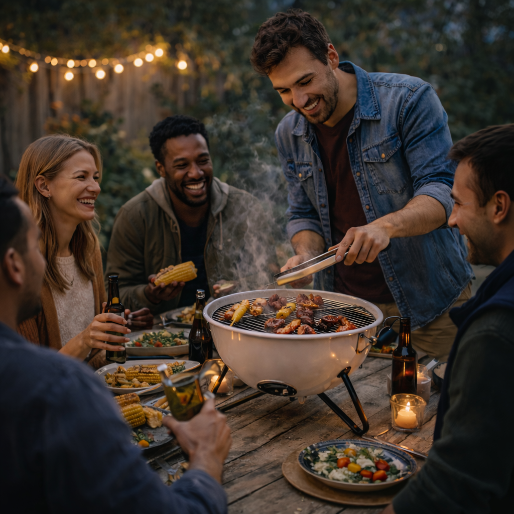 Grill de carbón compacto con tapa, perfecto para jardín y exterior.