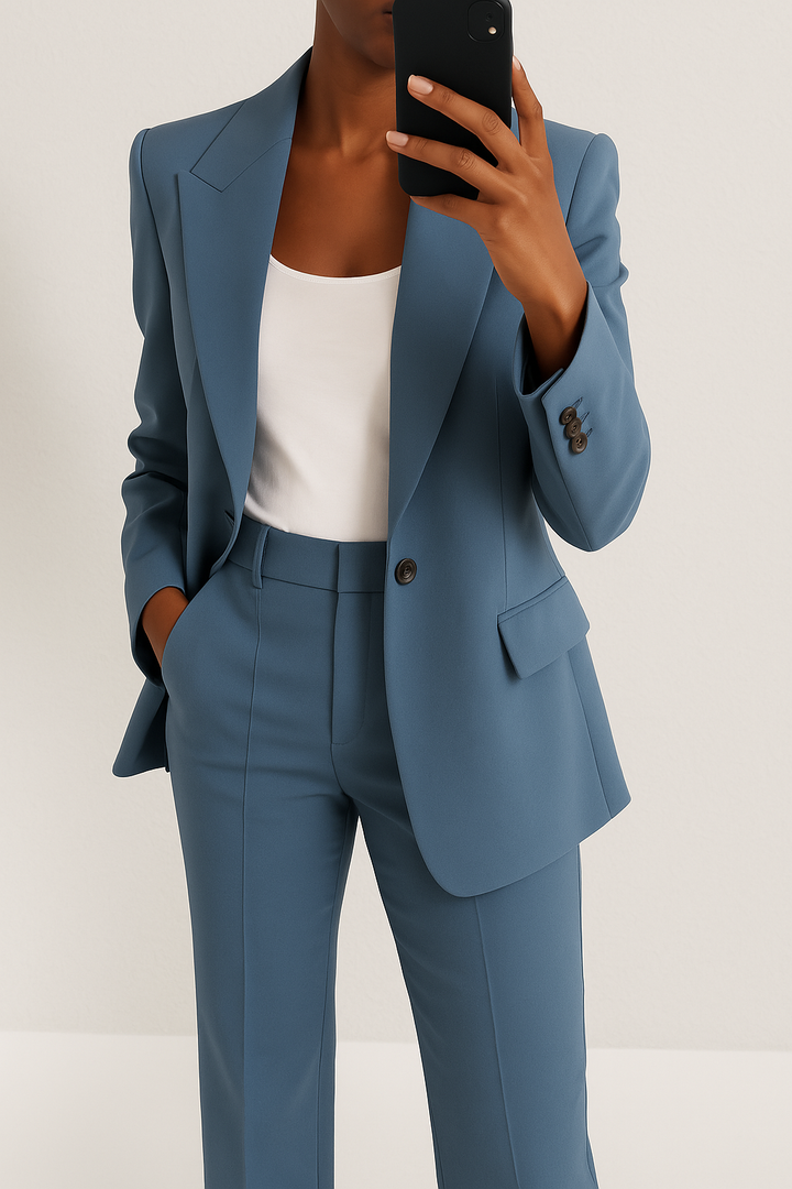 Conjunto sastre gris para mujer. Blazer y pantalón elegante, perfecto para ropa de trabajo y oficina.