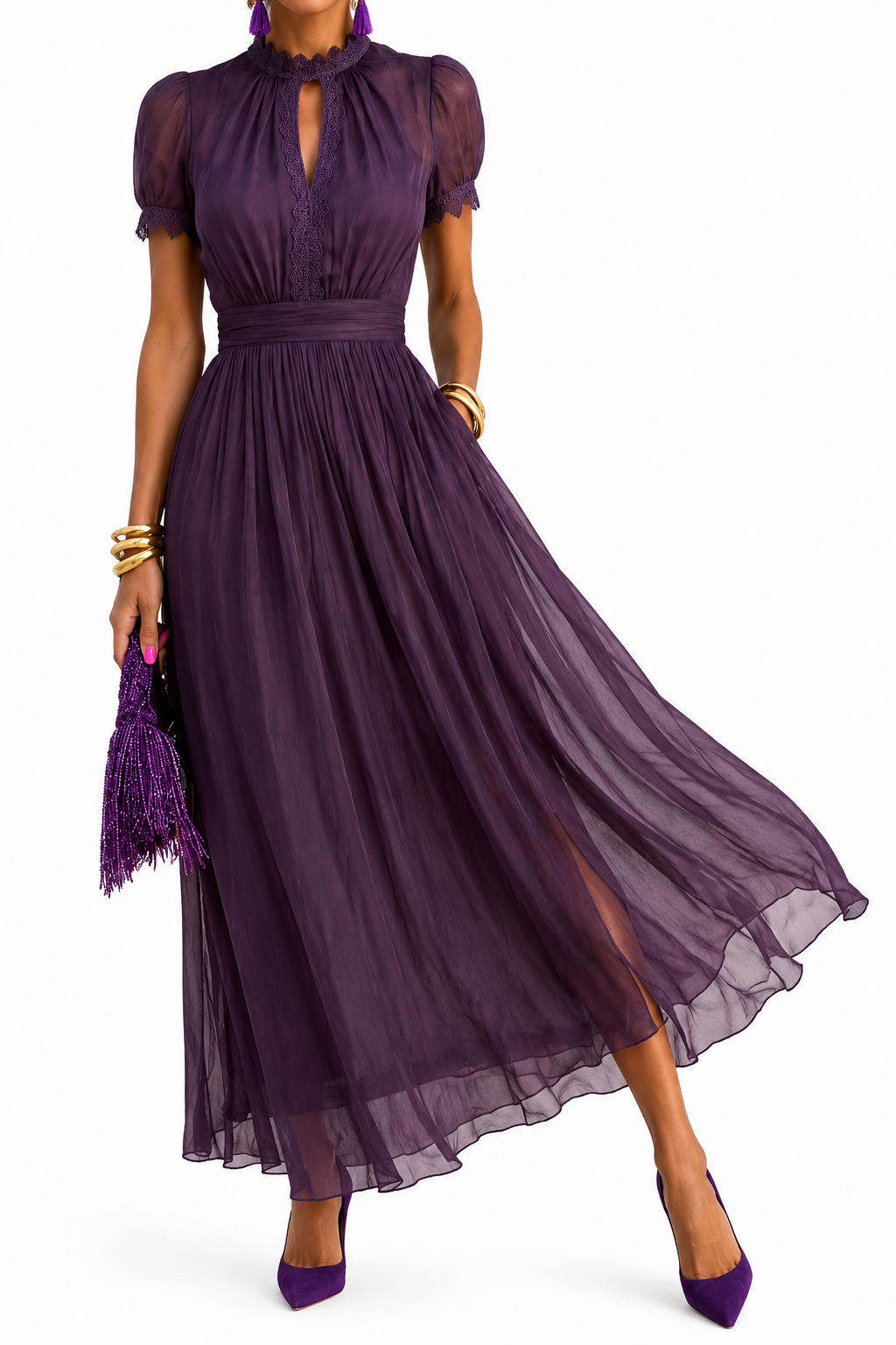 Vestido largo elegante de chifón fluido para mujer, ideal para ceremonia y fiesta.