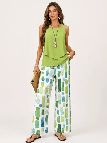 Conjunto casual elegante Prato verde para mujer: top sin mangas y pantalón de pierna ancha, ideal para verano.