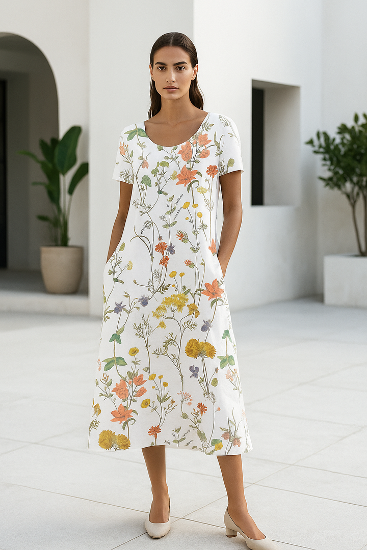 Vestido de verano floral para mujer, mangas cortas, diseño casual y fluido para máxima comodidad.