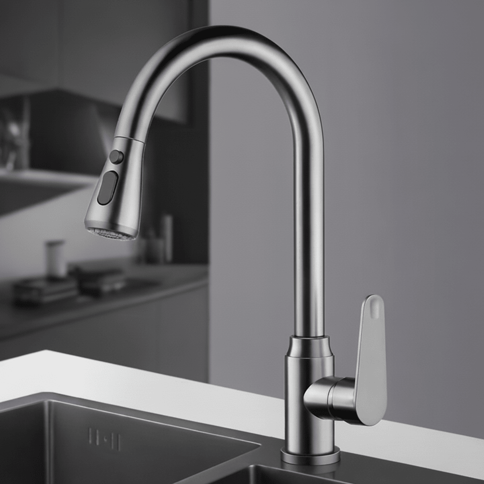 Grifo de cocina con manguera extraíble para lavado práctico. Mezclador moderno y giratorio.