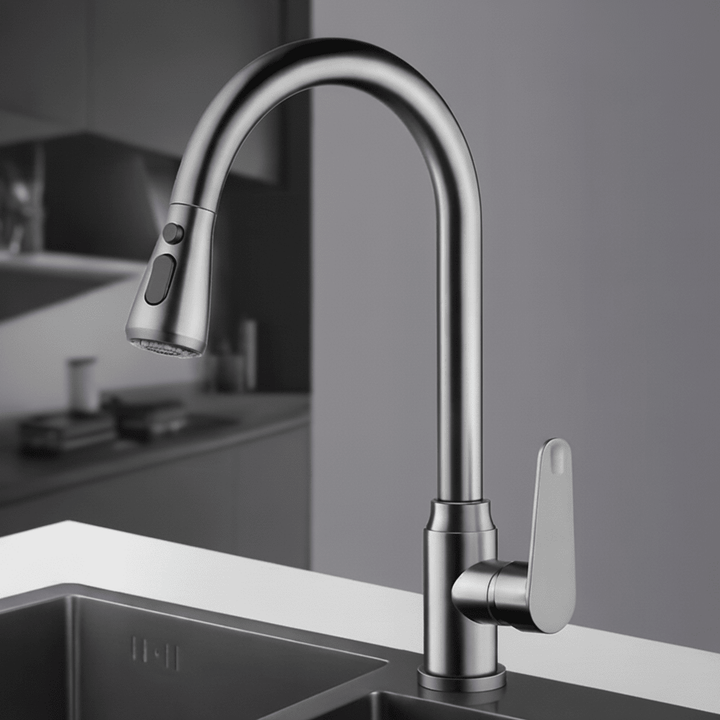Grifo de cocina con manguera extraíble para lavado práctico. Mezclador moderno y giratorio.