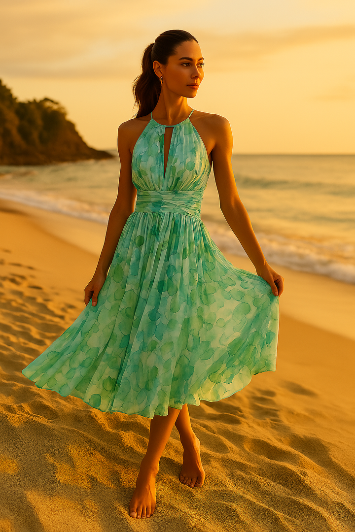 Vestido de mujer con estampado floral vibrante, diseño maxi y pliegues elegantes para moda diurna.