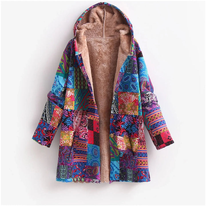 Chaqueta polar estampada para mujer, diseño colorido y alegre. Ideal para invierno, cómoda y de moda.