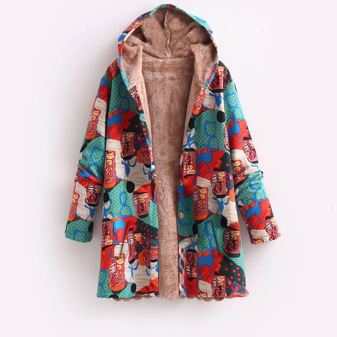 Abrigo de invierno: chaqueta polar estampada de mujer, cálida y con diseño colorido. Estilo y confort.
