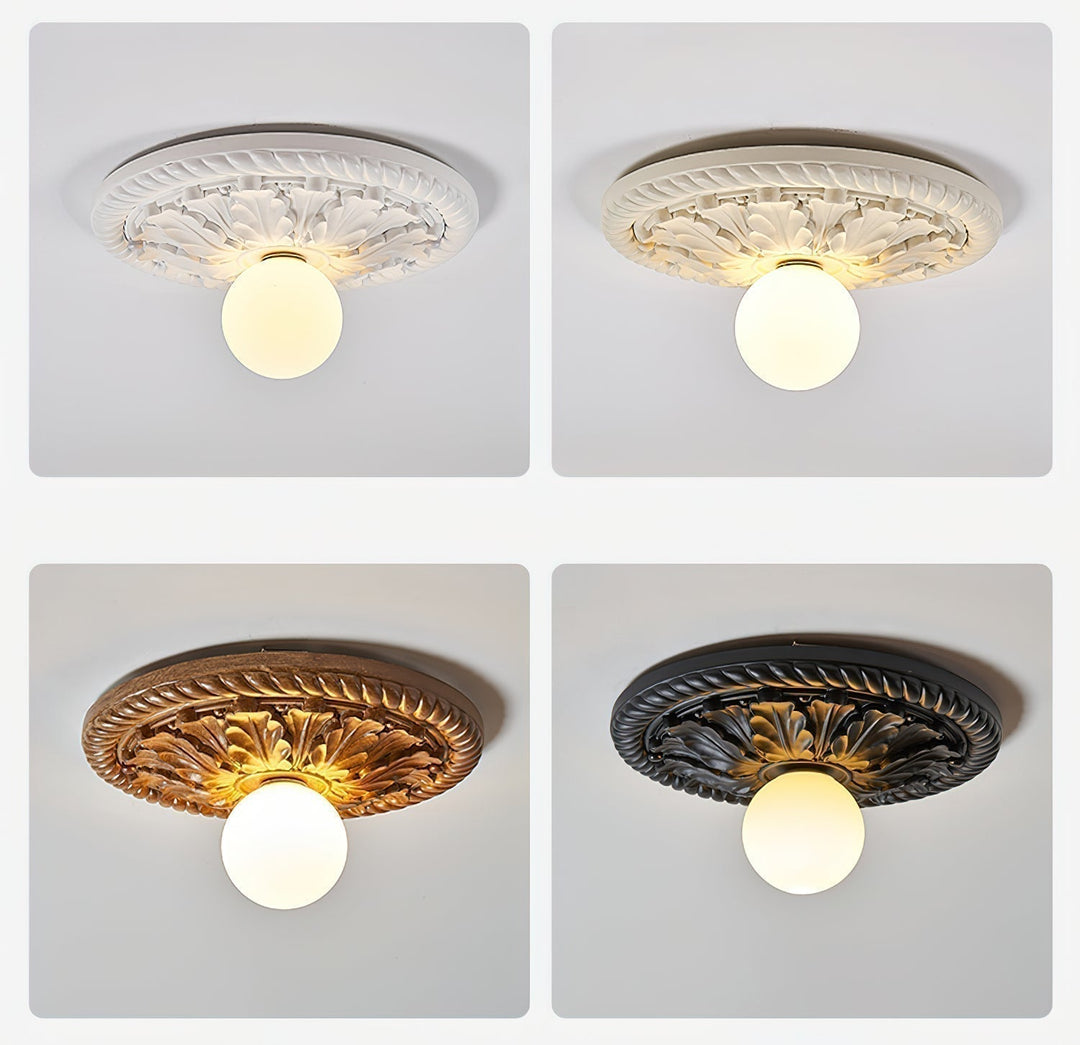 Luz de techo para salón, estilo granja vintage, con globo opalino y marco dorado.