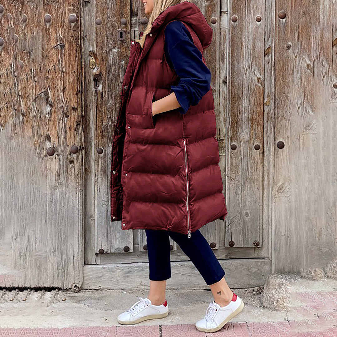 Chaleco de otoño/invierno para mujer. Largo, con capucha, sin mangas, perfecto para vestir a la moda.