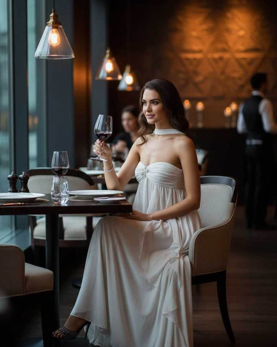 Vestido largo blanco de mujer con volantes y estilo sin mangas. Ideal para cóctel, fiesta o evento formal de noche.