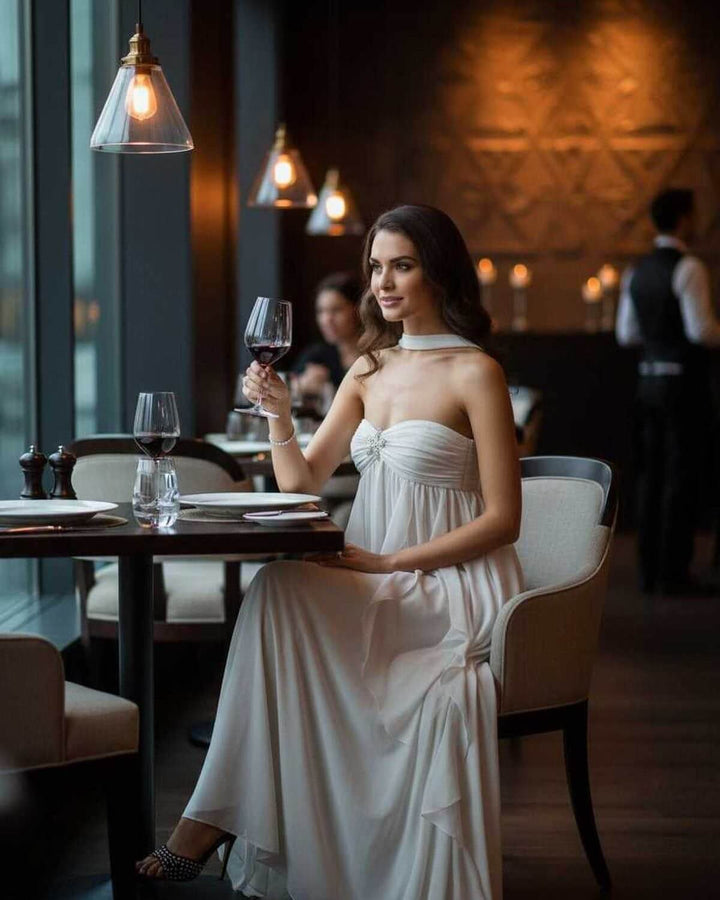 Vestido largo blanco de mujer con volantes y estilo sin mangas. Ideal para cóctel, fiesta o evento formal de noche.