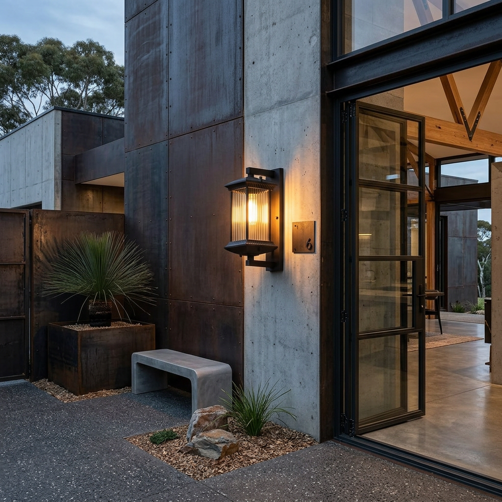 Lámpara de pared exterior elegante con diseño clásico marrón, realza la fachada de tu casa.