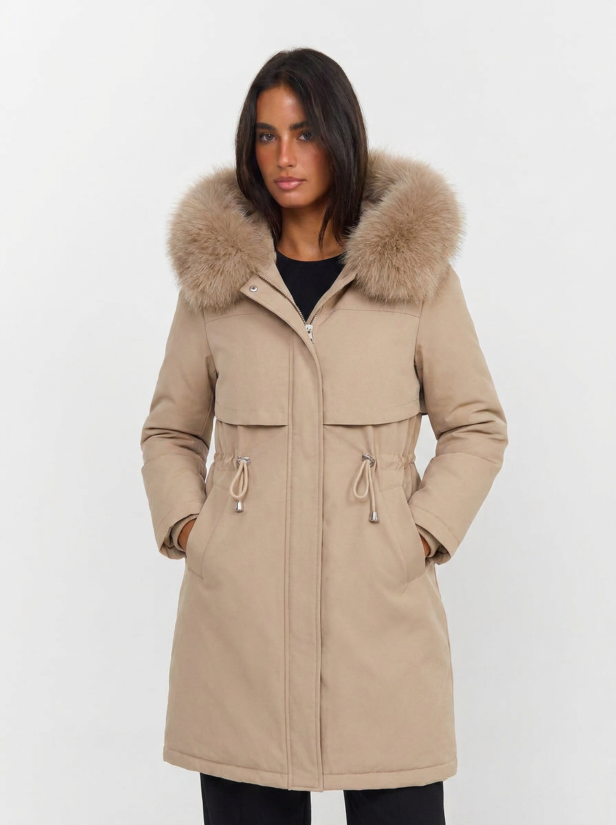 Abrigo parka de moda para mujer, cálido y casual, con capucha de pelo sintético para invierno.