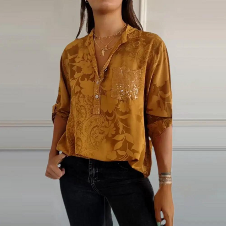 Top floral de manga larga para mujer, estilo casual-elegante. Bolsillo con brillo de lentejuelas, moda femenina.