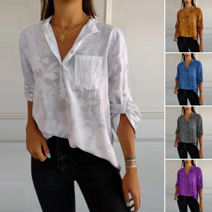 Blusa floral moderna para mujer, manga larga con bolsillo brillante de lentejuelas. Moda primavera-verano casual.