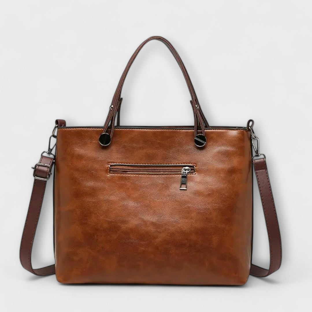 Bolso tote marrón oscuro con cierre de cremallera, práctico y elegante para mujer.