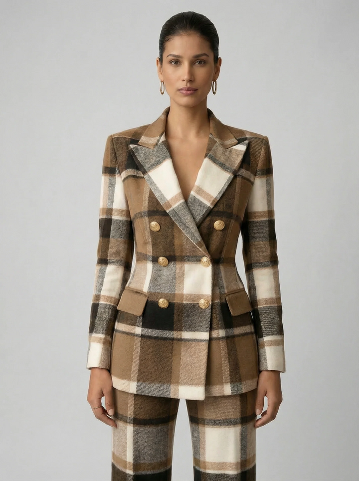 Traje de mujer con chaqueta cruzada y pantalón a cuadros. Versátil y elegante para oficina y eventos de primavera.
