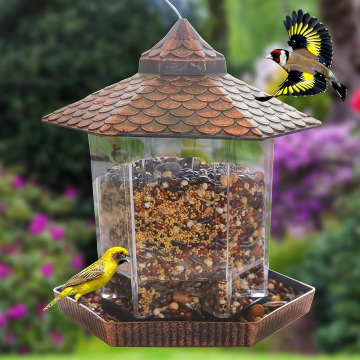 Comedero para pájaros con techo de cobre, diseño atractivo y resistente a la intemperie. Para colgar en el jardín.