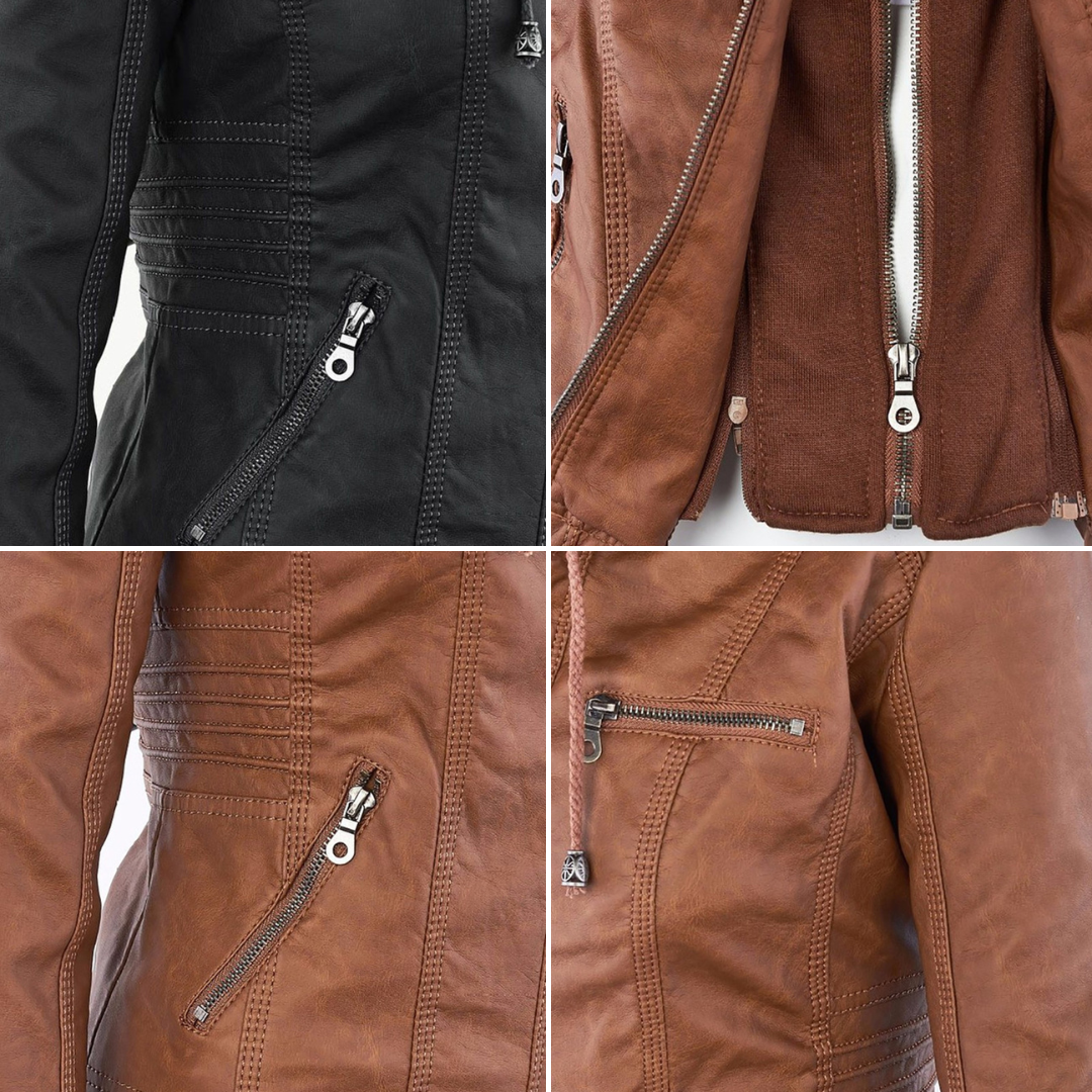 Chaqueta elegante de mujer, cazadora efecto piel para moda chic. Abrigo sofisticado.