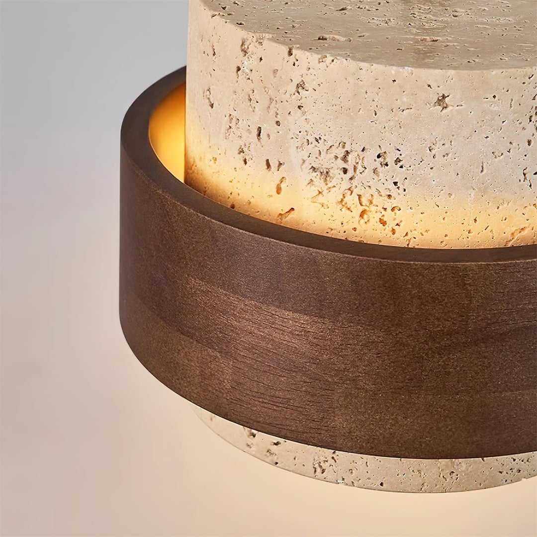 Colgante decorativo para salón, con travertino y nogal, luz cálida.
