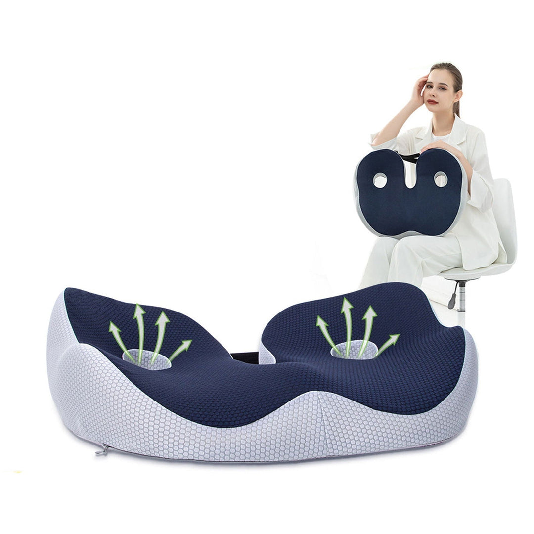 Cojín ergonómico universal para alivio del dolor postural, ciática y coxis en silla de oficina.