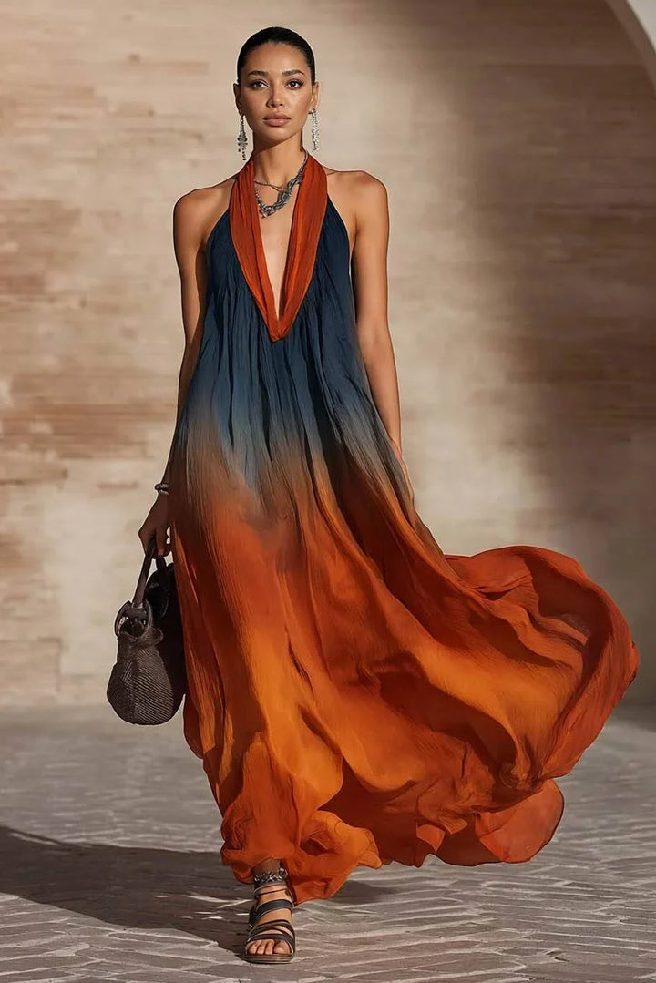 Vestido largo de línea A para mujer, degradado, ligero y fluido, con opciones de cuello V o halter para verano.