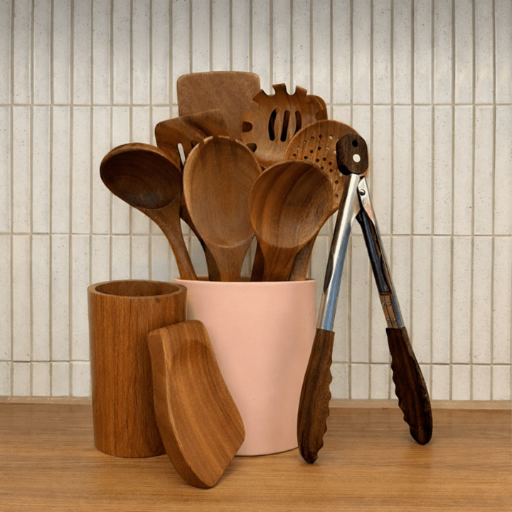 Juego de 12 utensilios de cocina de madera de teca y acacia. Ecológico, resistente y sin plástico.