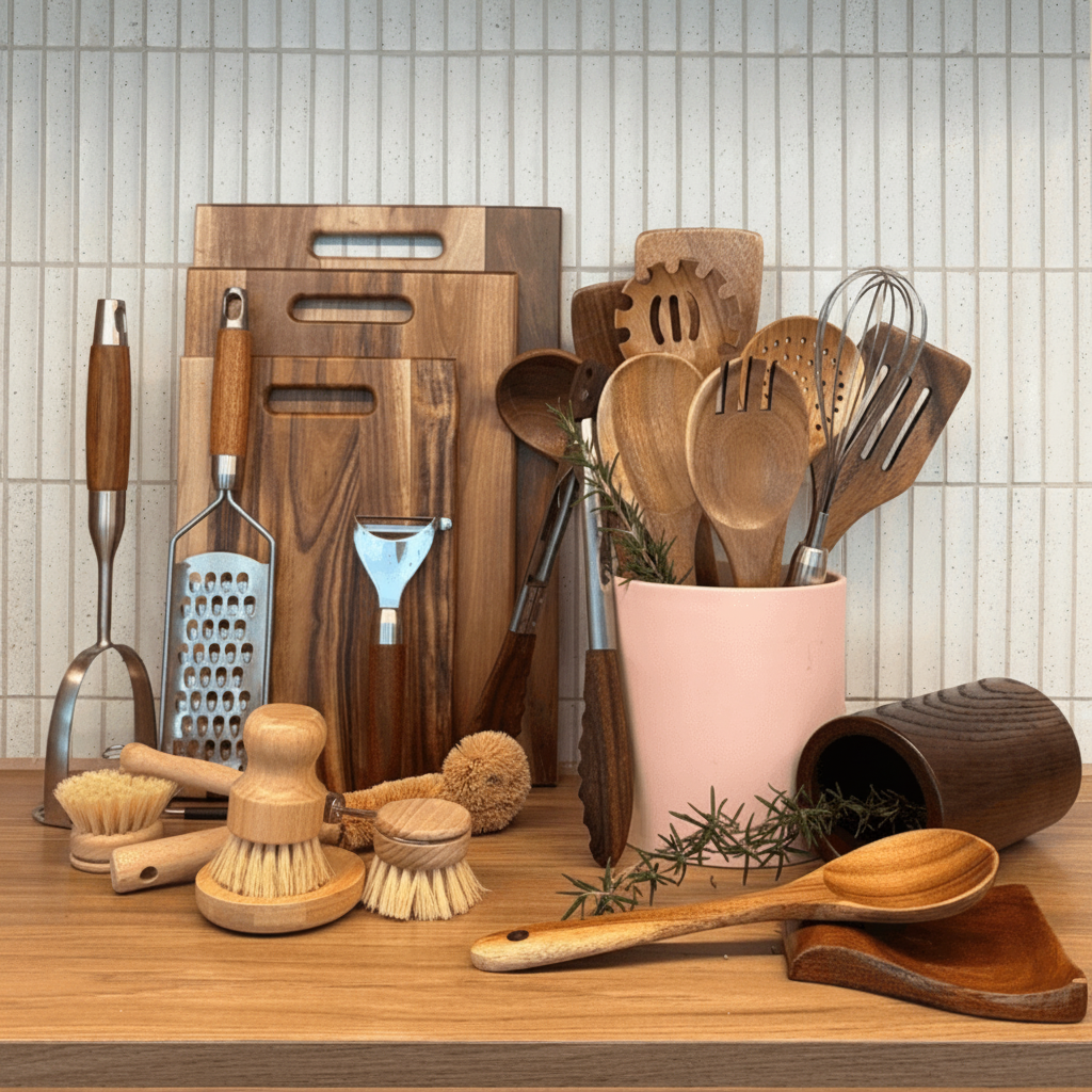 Juego de utensilios de cocina de madera natural (teca y acacia). Set ecológico y sostenible para chef y hogar.