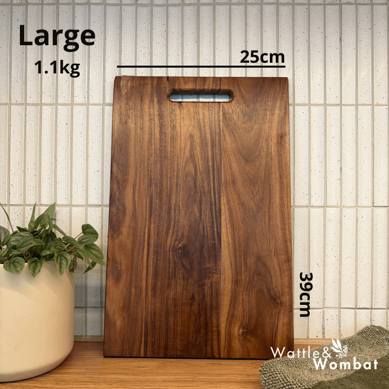 Pequeña tabla de cortar de acacia, ideal para frutas y verduras, resistente y fácil de limpiar.
