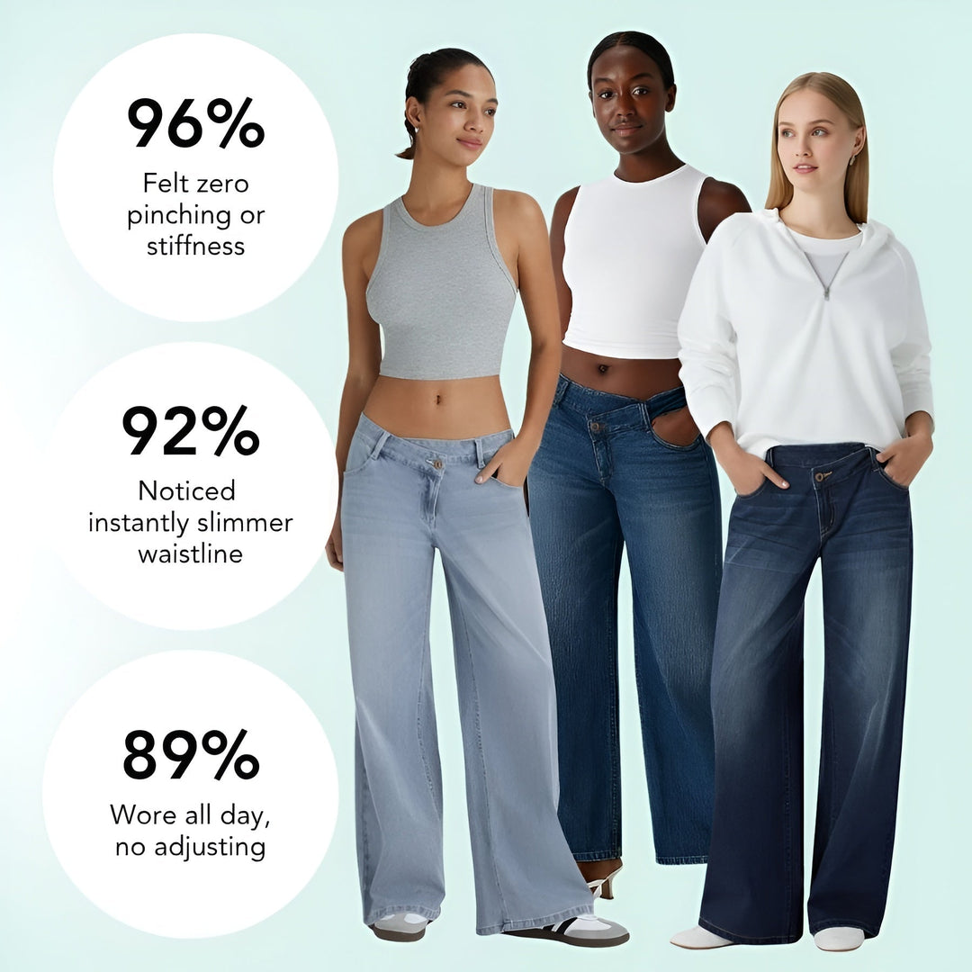 Pantalones vaqueros mujer elásticos, tiro bajo asimétrico. Moda casual femenina azul denim.